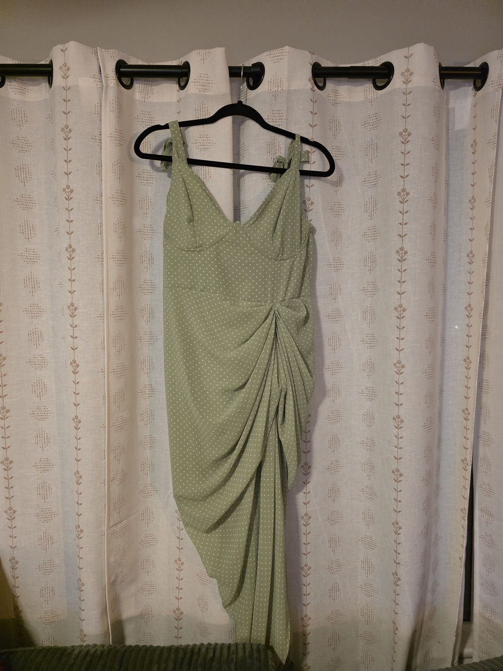 PrettyLittleThing Sage Green Polka Dot Ruched Midi Dress